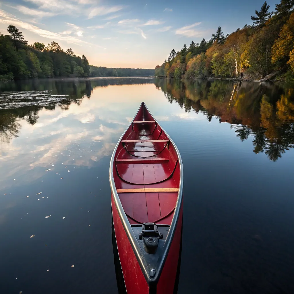 A sleek red canoe on a tranquil river