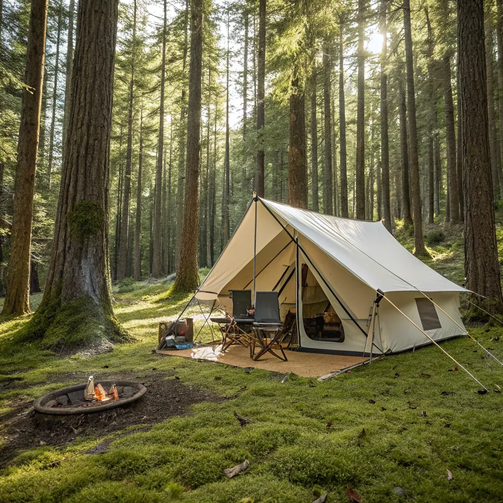 A spacious camping tent set up in a forest clearing